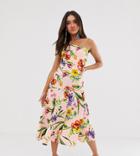 True Violet One Shoulder Skater Dress With Split In Multi Floral - Multi