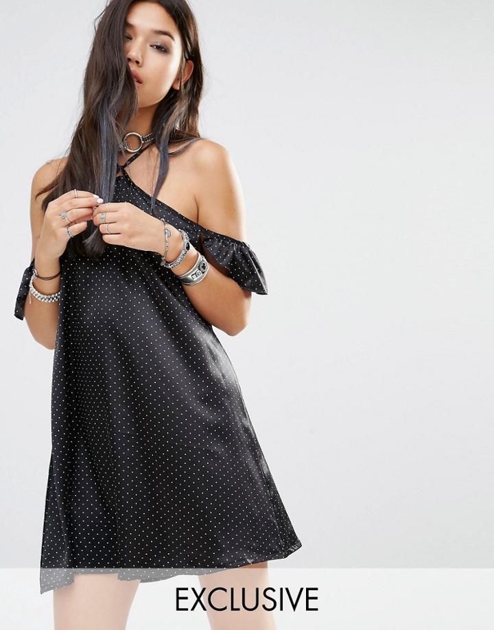 Milk It Vintage Shift Dress With Cold Shoulder Tie Neck Detail In Mini Spot - Black