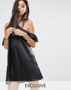 Milk It Vintage Shift Dress With Cold Shoulder Tie Neck Detail In Mini Spot - Black