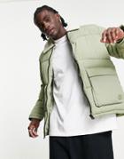 Pull & Bear Puffer Jacket With Sherpa Collar In Khaki-green