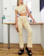 Asos Design Ribbed Flare Pants In Floral Jacquard In Buttermilk - Part Of A Set-multi