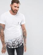 Religion Longline T-shirt With Floral Skull Dip Dye Printed Hem - White