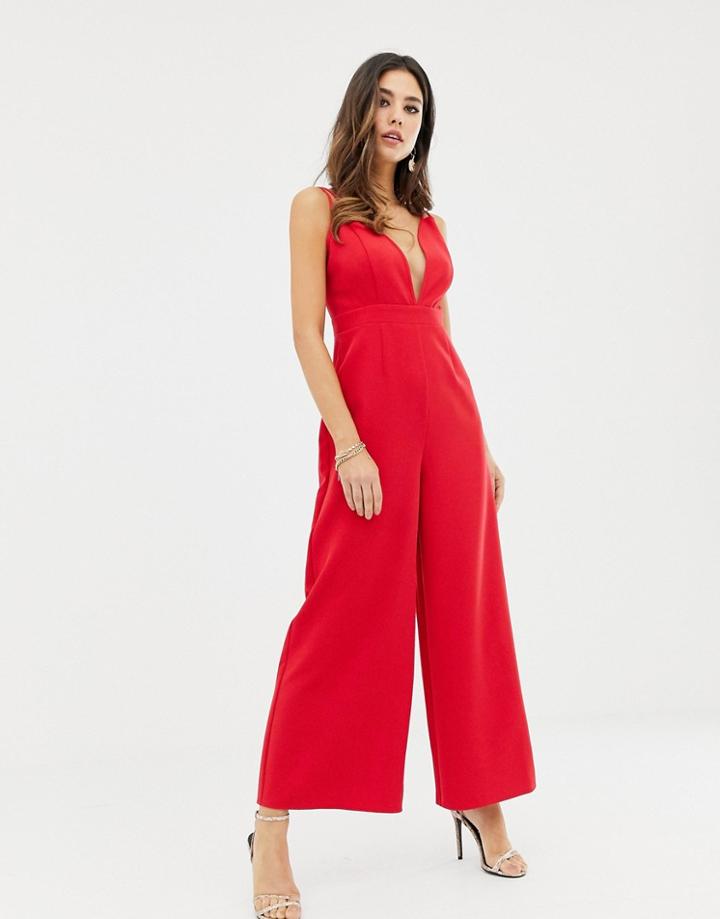 Asos Design Jumpsuit With Plunge Neck And Culotte Leg - Red