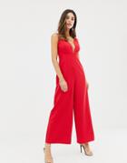 Asos Design Jumpsuit With Plunge Neck And Culotte Leg - Red