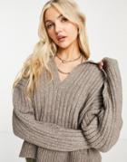 Weekday Husky Recycled Collared Knit Sweater In Brown Melange