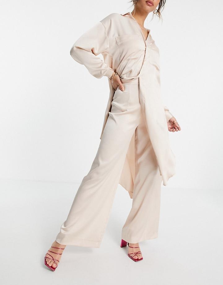 Asos Design Wide Leg Satin Pants In Oyster - Part Of A Set-white
