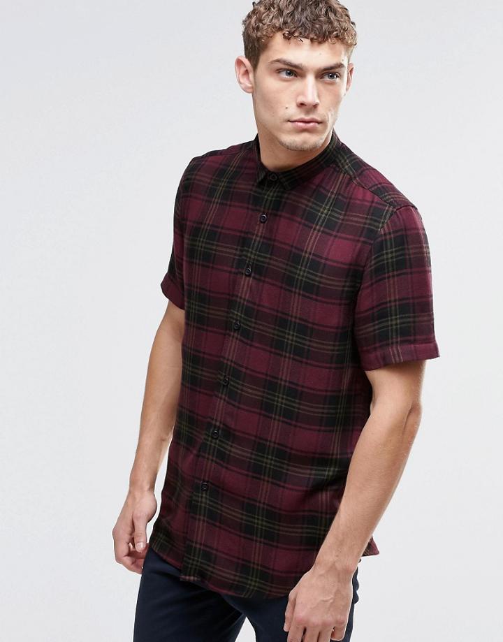 Asos Shirt In Burgundy Viscose Check With Short Sleeves - Burgundy