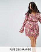 Club L Plus Pink Base Floral Wrap Over Detailed Dress With Keyhole Back - Multi