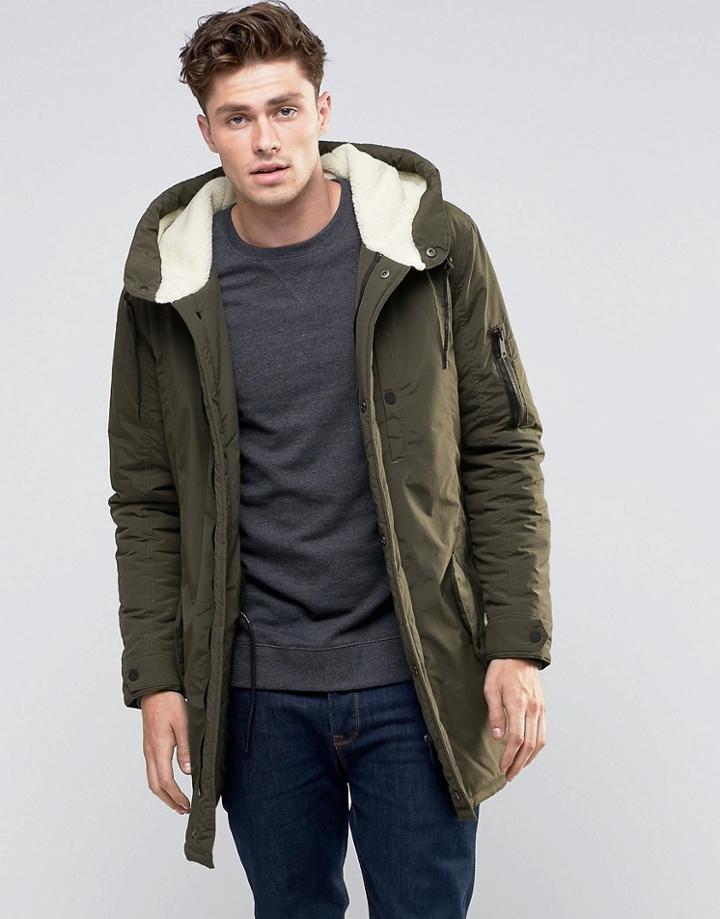 Brave Soul Sherpa Lined Hooded Parka Jacket - Green