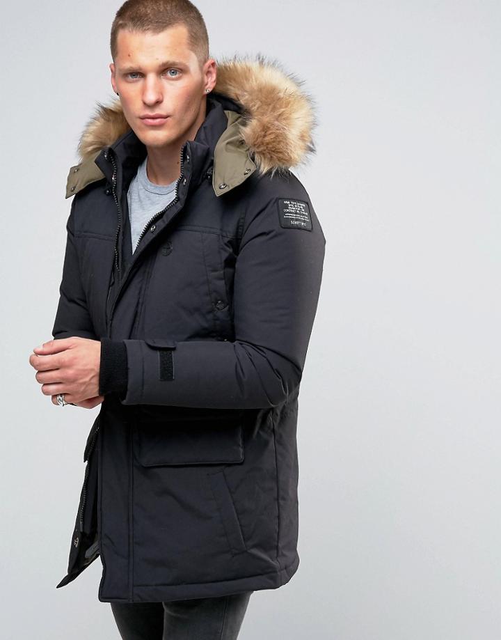Schott Ottowa Down Hooded Parka With Faux Fur Trim - Black