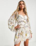 Asos Design Ruched Mini Dress With Handkerchief Hem In Cream Vintage Floral Print-multi