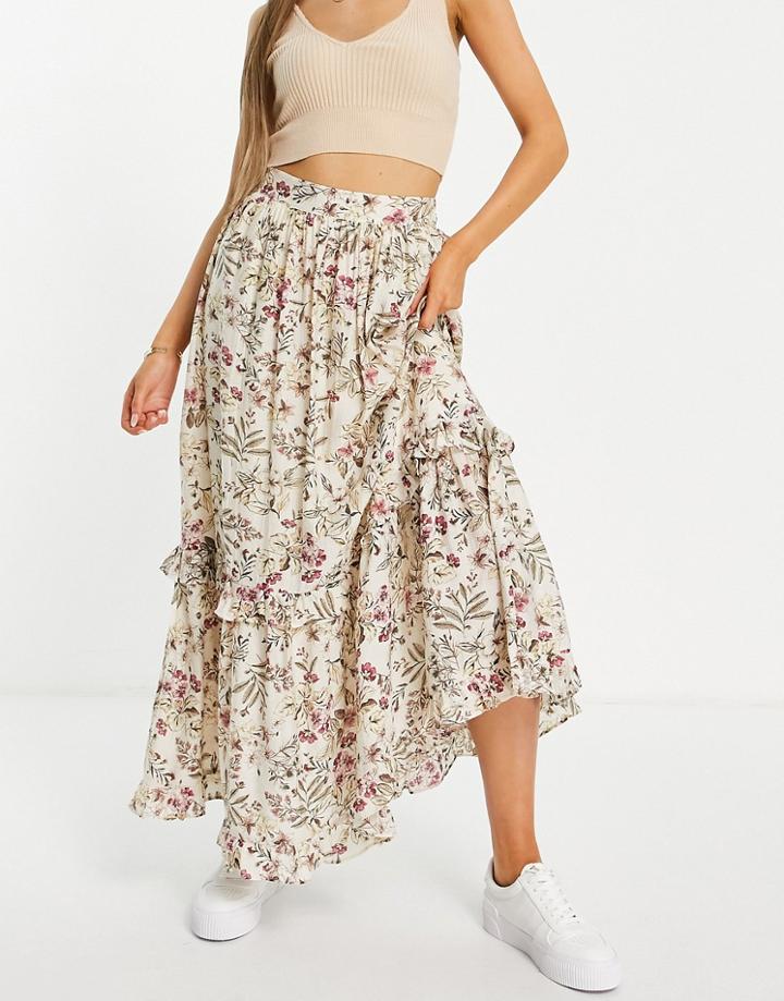 Mango Floral Tiered Midi Skirt In Ecru-white