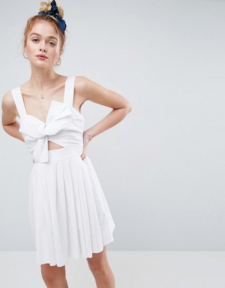 Asos Bow Detail Cut Out Skater Dress In Linen - White