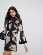 Parisian High Neck Floral Dress With Flare Sleeve - Black