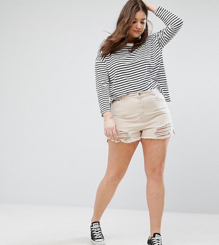 Asos Curve Denim Side Split Shorts In Nude Pink With Shredded Rips - Pink