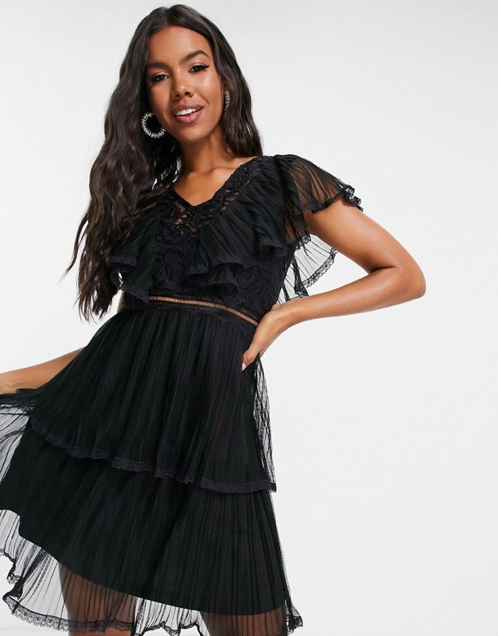 Lace & Beads Ruffle Mini Dress In Black