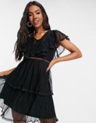 Lace & Beads Ruffle Mini Dress In Black