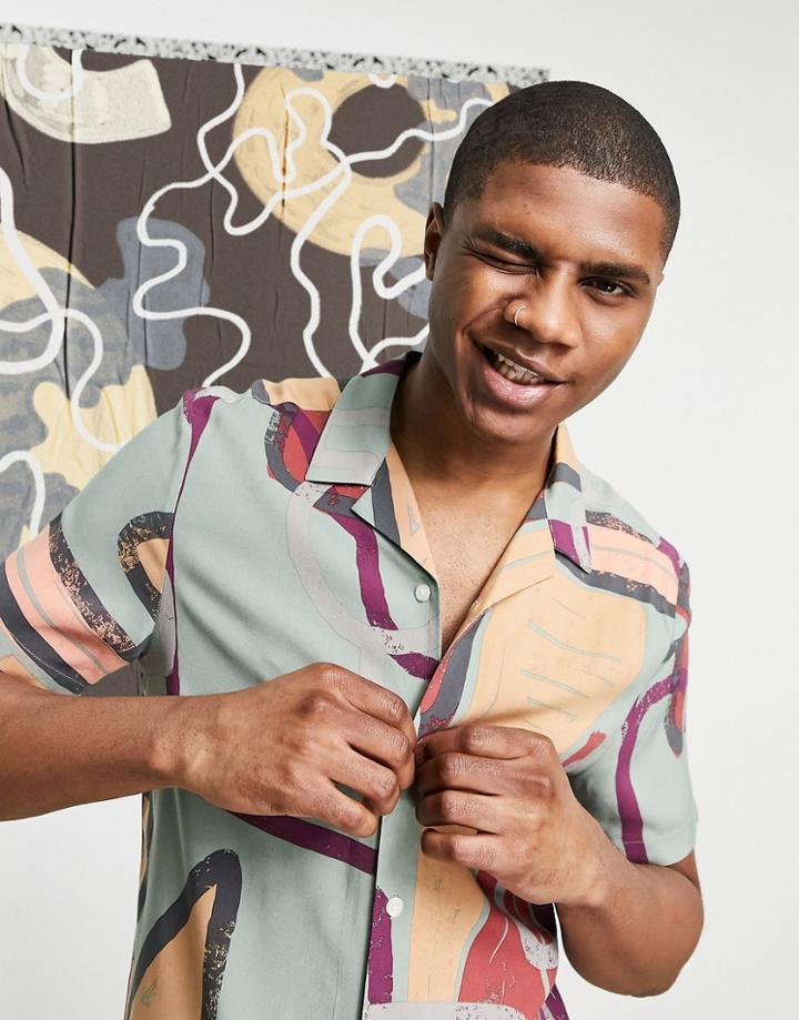 Asos Design Regular Revere Abstract Geo Print Shirt In Sage Green