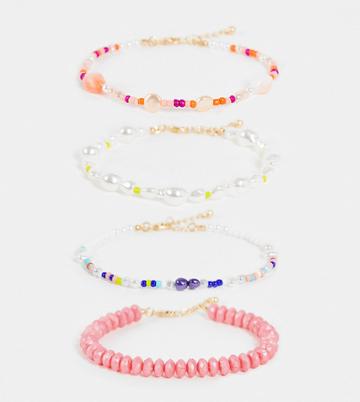 Asos Design Curve Pack Of 4 Anklets In Beaded Designs-multi