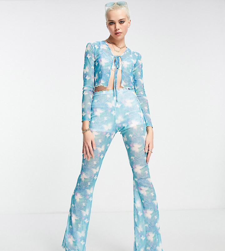 Daisy Street High Waisted Lettuce Hem Flare Pants In Butterfly Mesh - Part Of A Set-blue