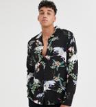 Religion Tall Revere Collar Shirt With Floral Crane Print In Black