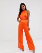 Asos Design Satin Halter Open Back Jumpsuit-orange