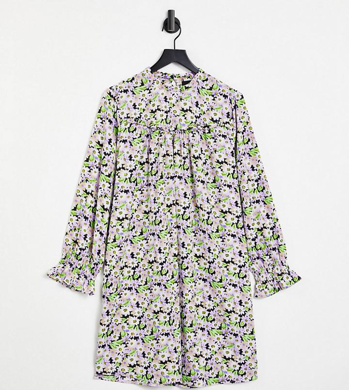 Pieces Curve High Neck Smock Dress With Frill Cuffs In Purple Floral-multi