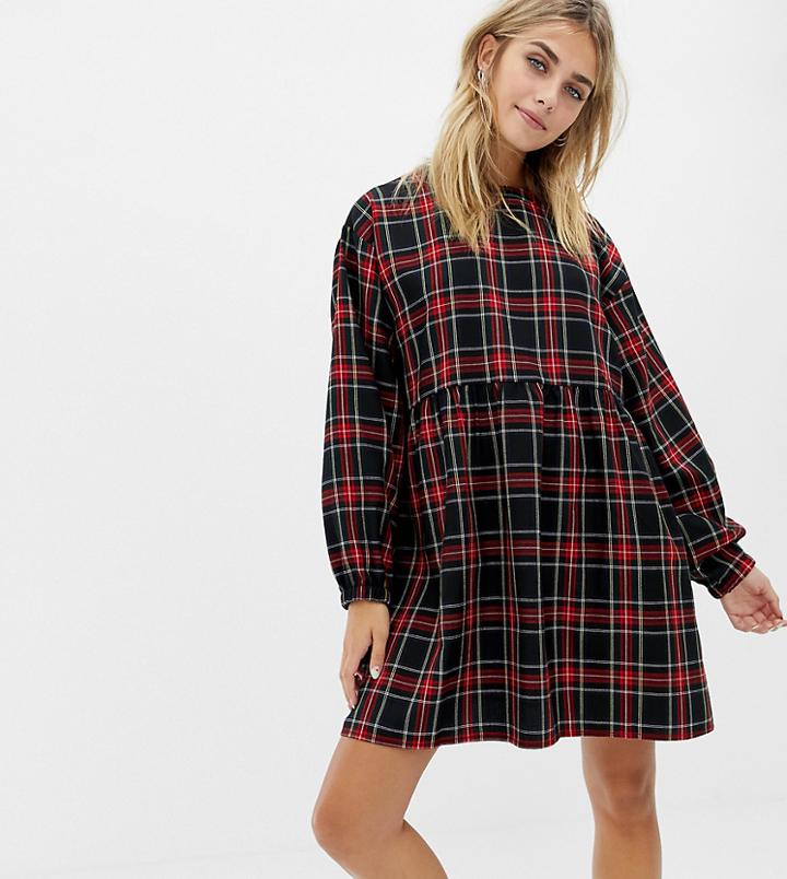 Collusion Check Print Smock Dress-multi