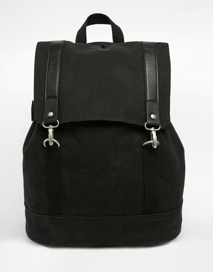 Asos Backpack In Black Canvas With Faux Leather Straps - Black
