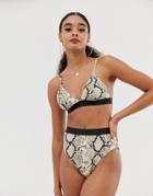 Prettylittlething Cami Bikini Top With Contrast Binding In Snake - Multi
