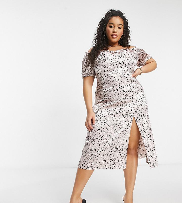 Naanaa Plus Bardot Satin Midi Dress In Pink Print
