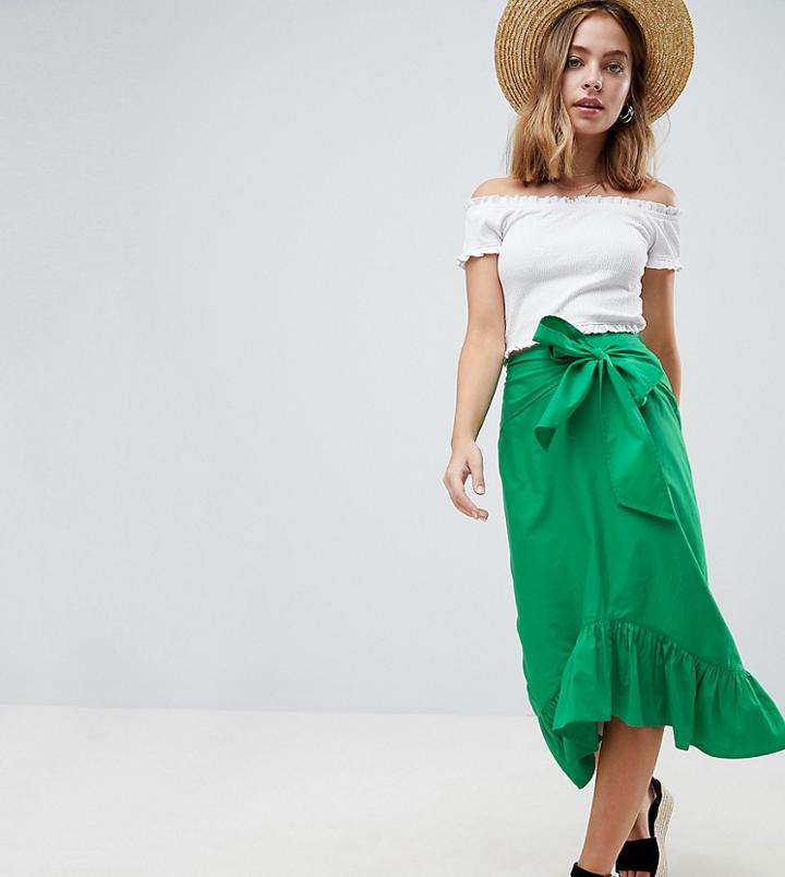 Asos Design Petite Cotton Midi Skirt With Tie Belt And Ruffle Hem - Green