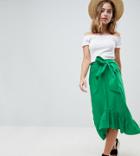 Asos Design Petite Cotton Midi Skirt With Tie Belt And Ruffle Hem - Green