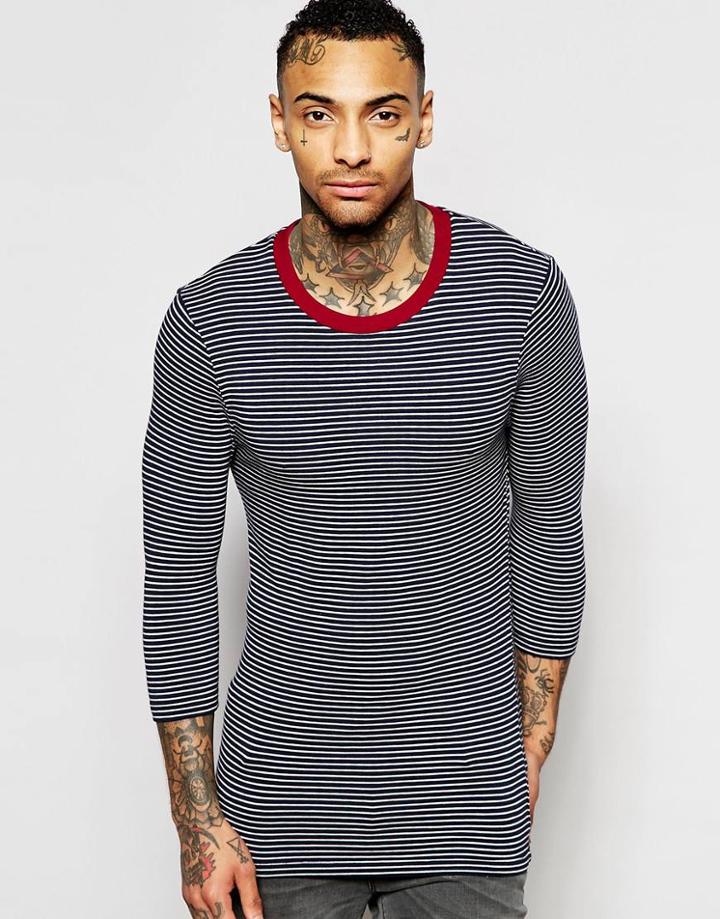Asos Extreme Muscle Stripe 3/4 Sleeve T-shirt With Contrast Ringer