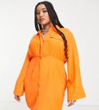 Asos Design Curve Button Up Waisted Mini Shirt Dress In Orange