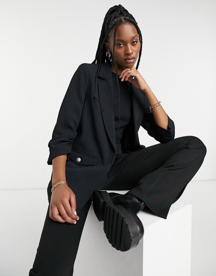 River Island Rouched Sleeve Soft Blazer In Black