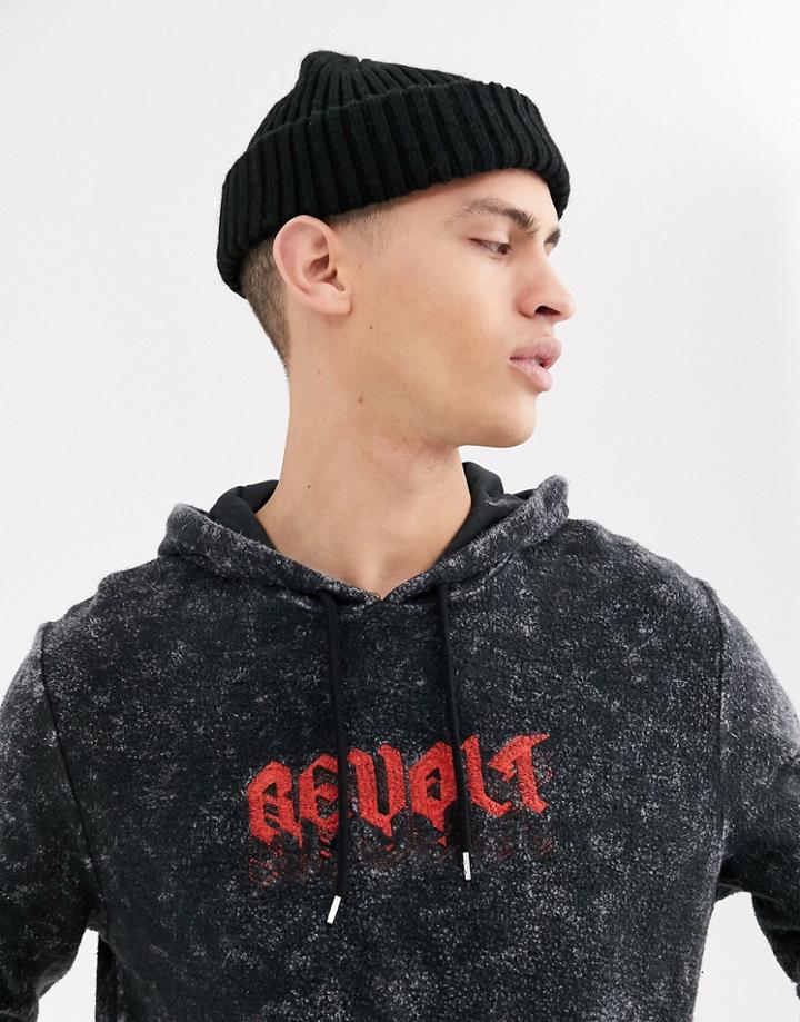 Asos Design Oversized Hoodie With Revolt Text Print In Black Acid Wash