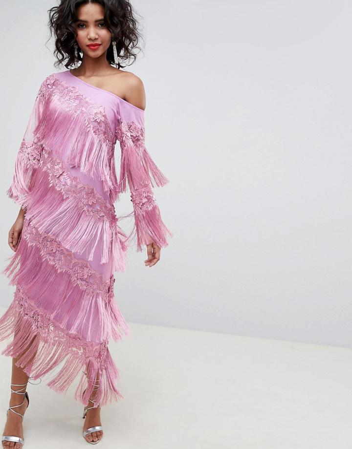 Asos Edition Embroidered One Shoulder Fringe Midi Dress-purple