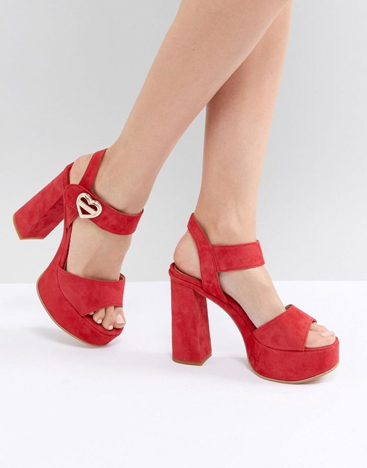 Love Moschino Heart Buckle Heeled Platform Sandal - Red