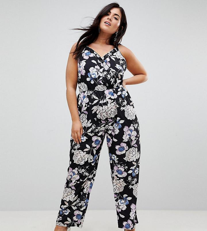 Yumi Plus Jumpsuit In Floral Print - Black