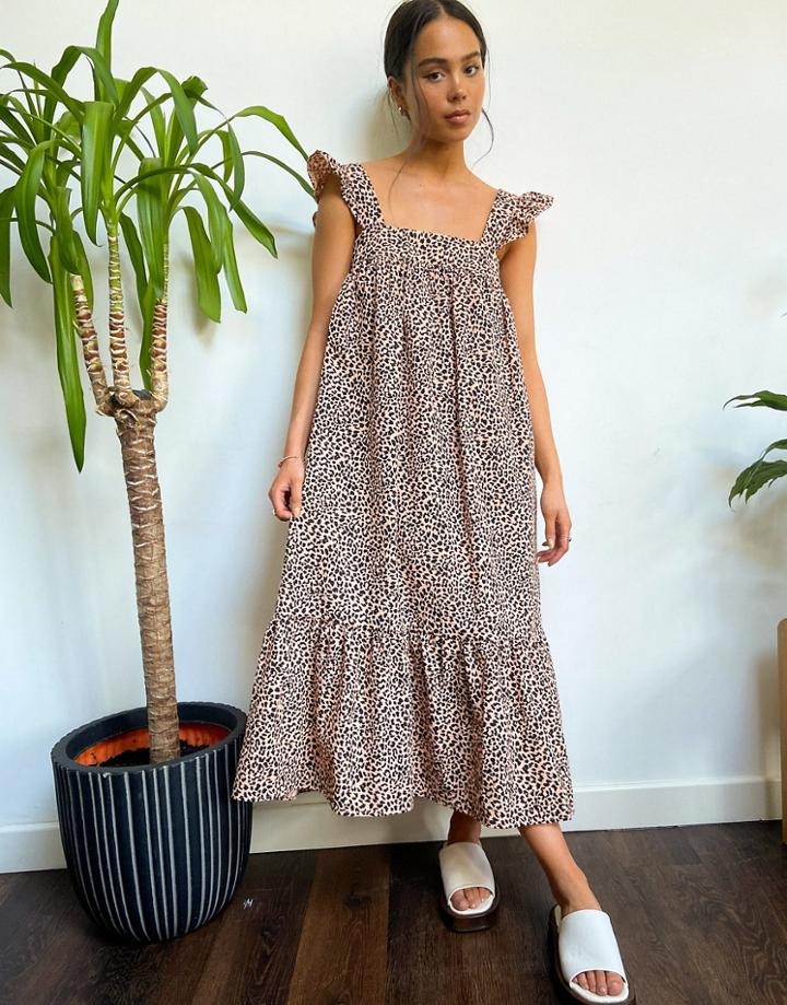 Topshop Textured Button Up Midi Dress In Animal Print-brown