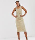 Tfnc Tall Shimmer Mesh Ruched Midi Dress In Light Gold