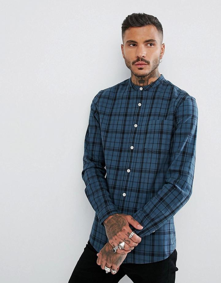 Asos Skinny Twill Check Shirt With Grandad Collar - Green