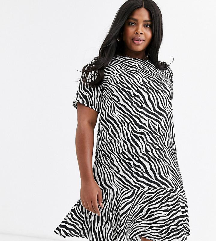 Ax Paris Plus Drop Hem Sihft Dress In Mono Zebra-multi