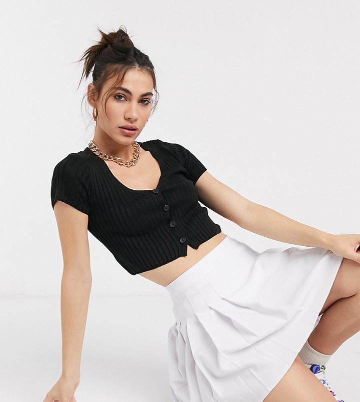 Collusion Cropped Short Sleeve Ribbed Cardigan In Black