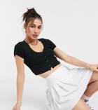 Collusion Cropped Short Sleeve Ribbed Cardigan In Black
