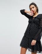 Lost Ink Mini Dress With Frill Sleeve In Mini Cross Dot-black