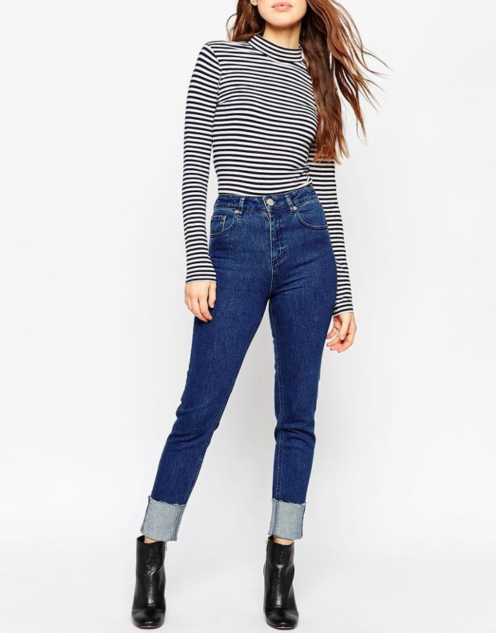 Asos Farleigh Slim Mom Jeans In Flat Blue Dancer Wash With Deep Turn Up - Midwash Blue