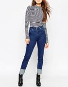 Asos Farleigh Slim Mom Jeans In Flat Blue Dancer Wash With Deep Turn Up - Midwash Blue