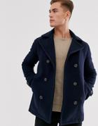 Selected Homme Double Breasted Wool Peacoat In Navy